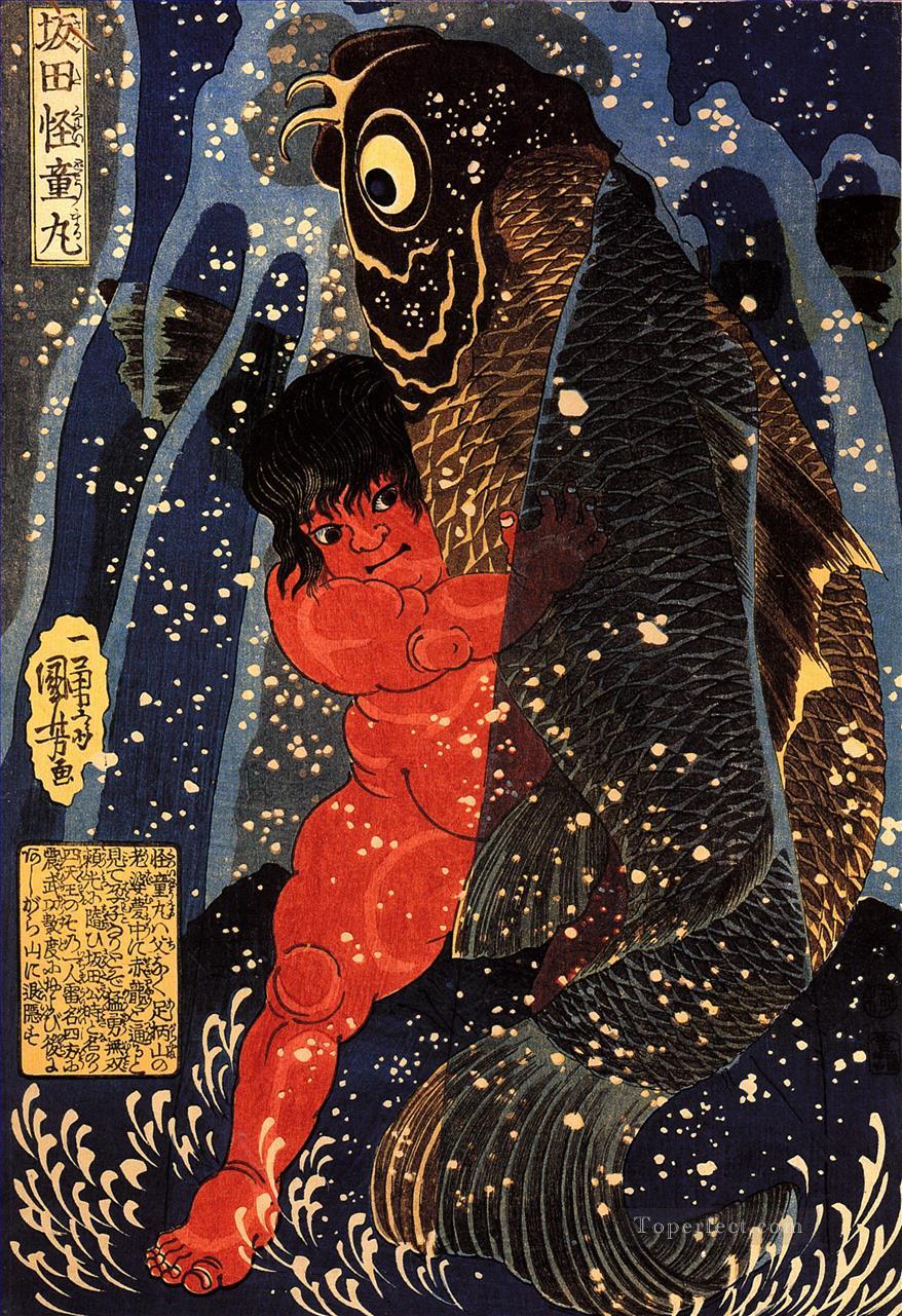 滝の中で巨大な鯉と格闘する坂田金時 1836年 歌川国芳 浮世絵油絵